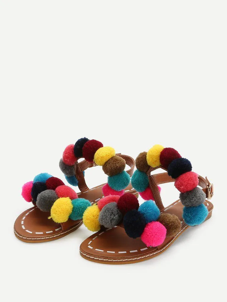 Ankle Strap Slide Sandals With Pom Pom