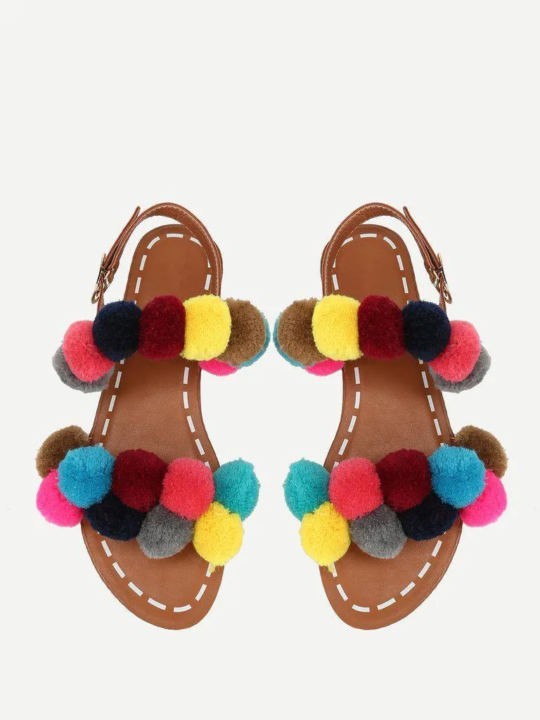 Ankle Strap Slide Sandals With Pom Pom