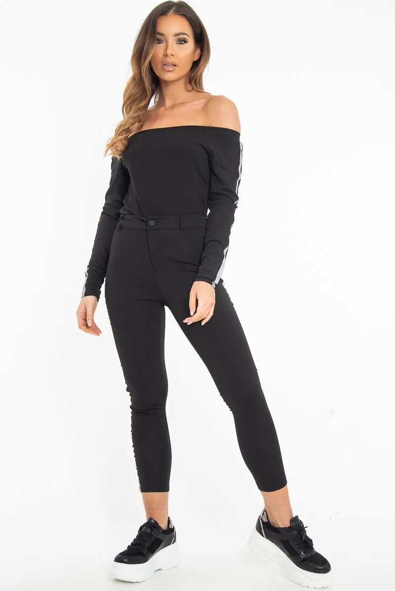 Black Reflective Stripe Side Bardot Crop Top - Reece