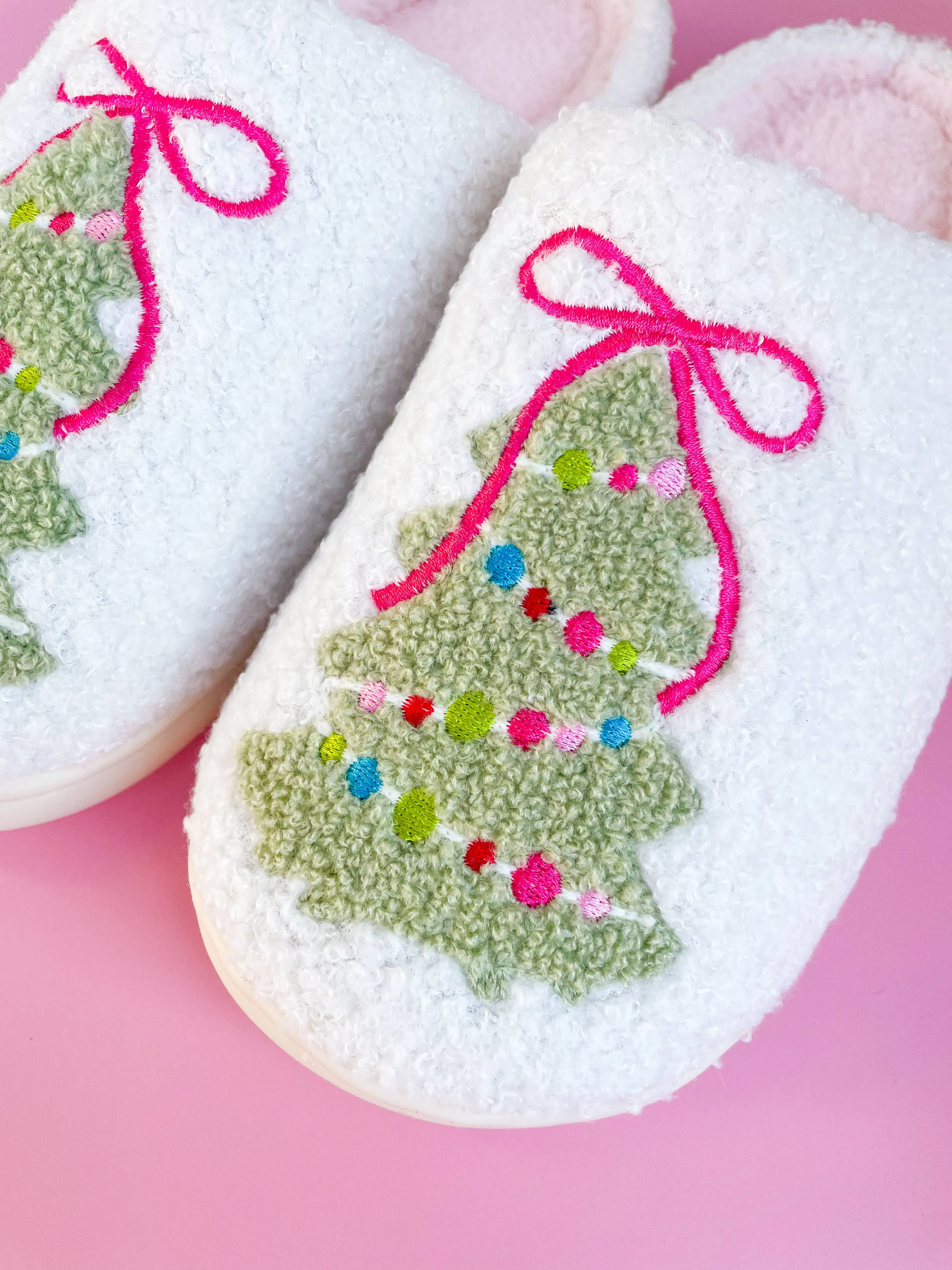 Rock Paper Scissors - Pink Bow Christmas Tree Slippers: Large