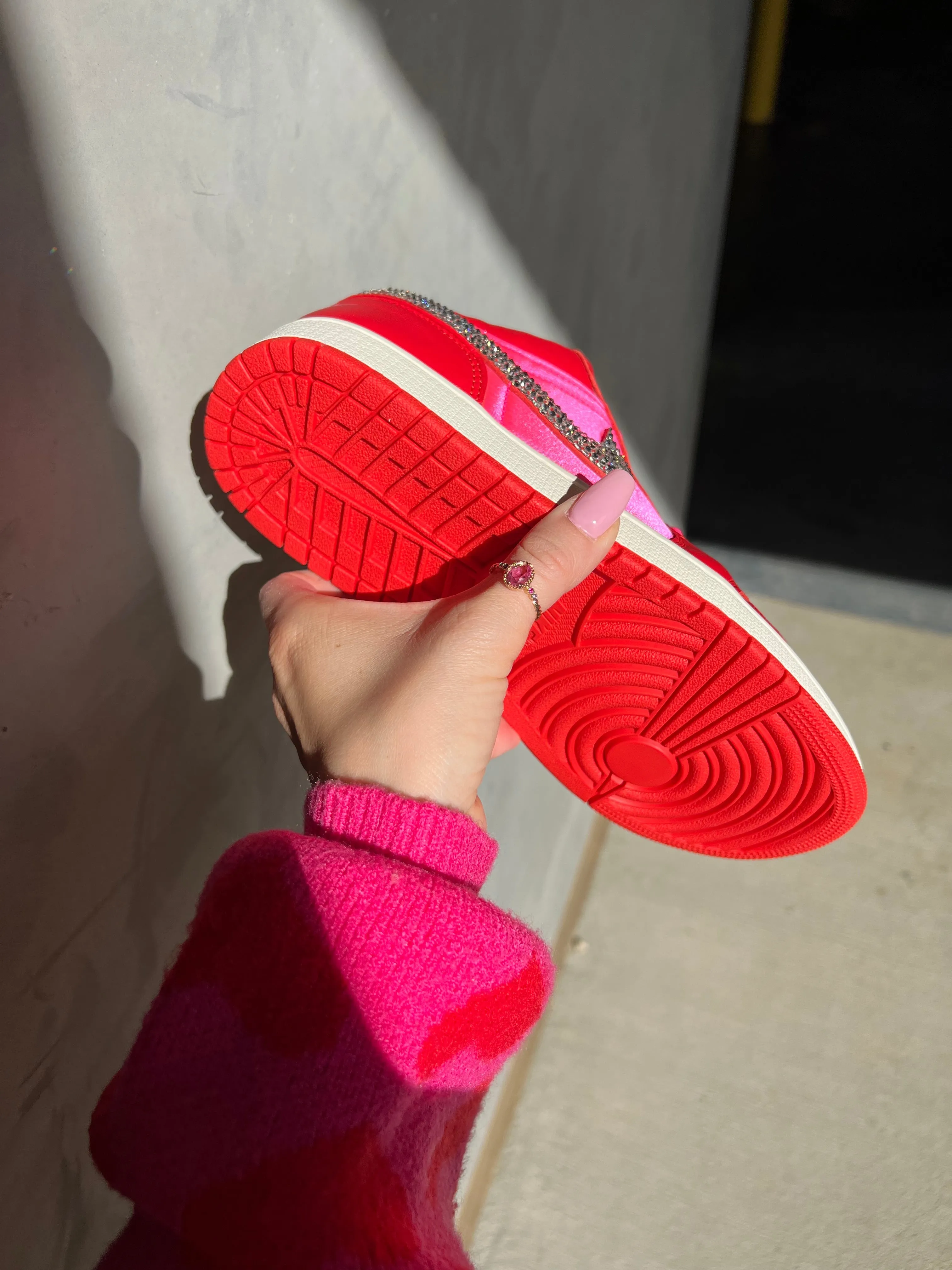 SIZE 8 Red Pink Satin Swarovski Women’s Air Jordan 1 Low Shoes