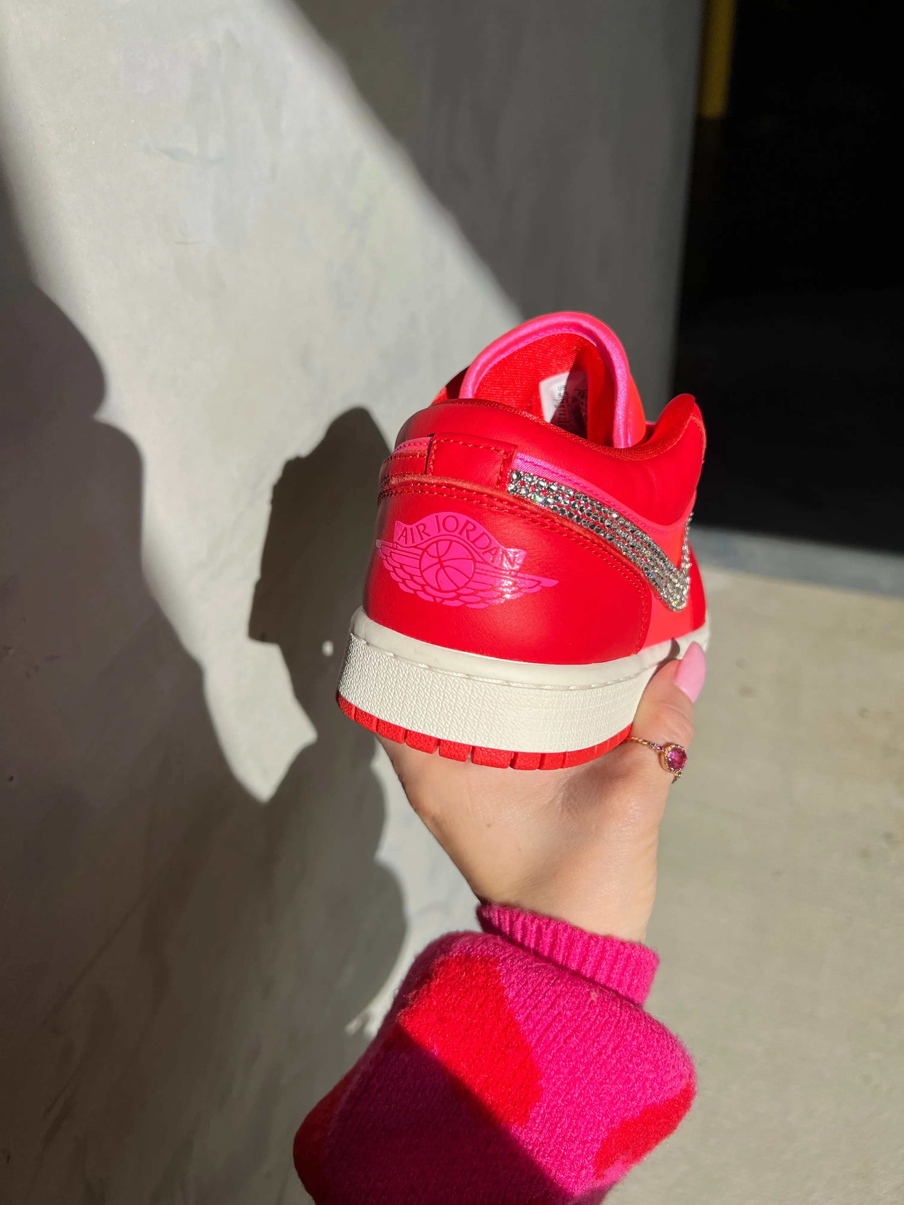 SIZE 8 Red Pink Satin Swarovski Women’s Air Jordan 1 Low Shoes