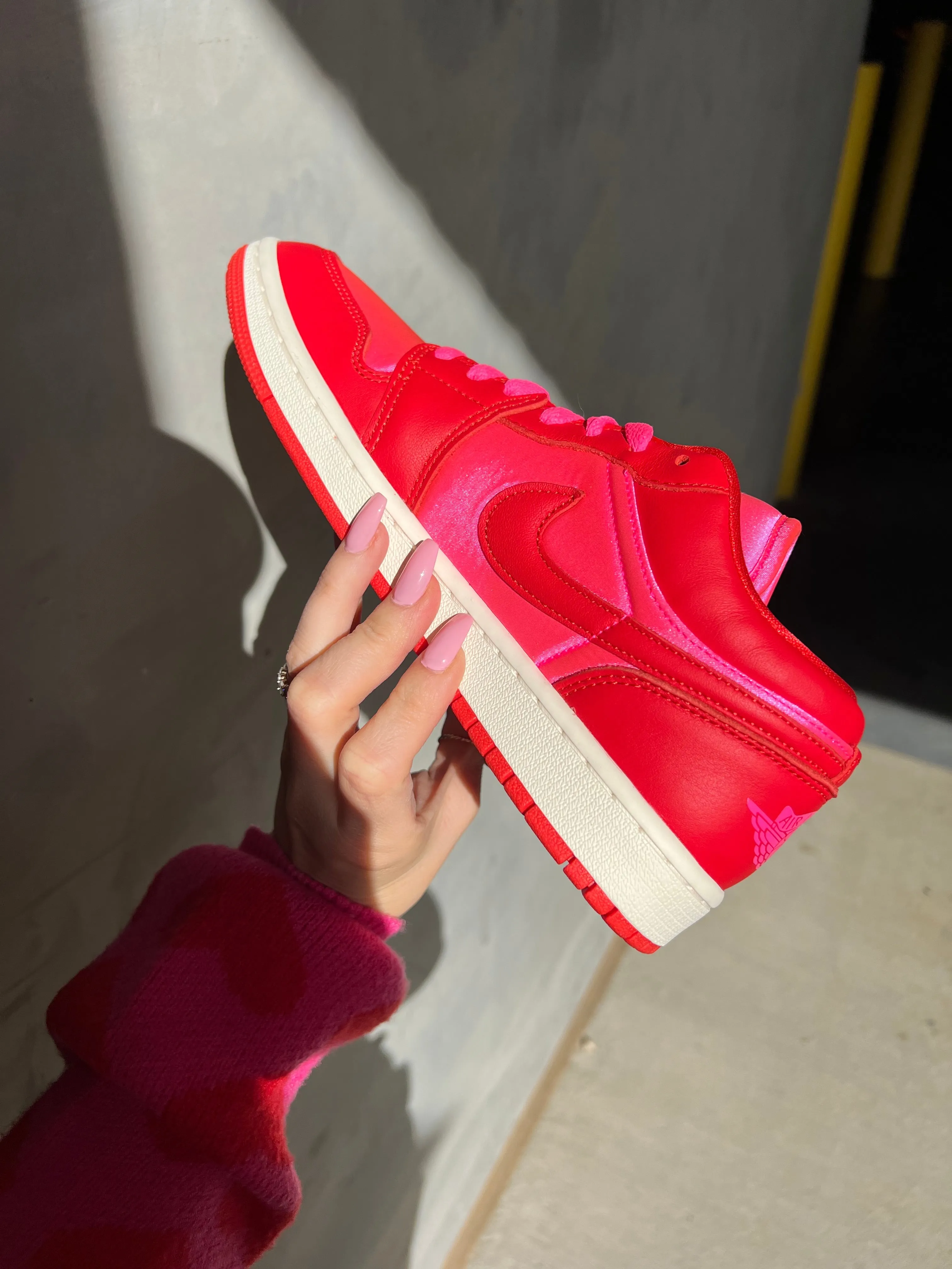 SIZE 8 Red Pink Satin Swarovski Women’s Air Jordan 1 Low Shoes